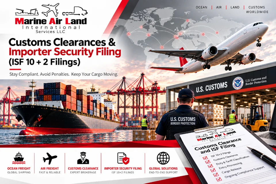 Marine Air Land International Services LLC: Customs Clearances & Importer Security Filing (ISF 10 + 2 Filings). Stay compliant, avoid penalties, keep your cargo moving. A container ship in port, a cargo plane over a world map and a U.S. Customs and Border Protection officer at a warehouse beside a Customs Clearance and ISF Filing checklist, with Ocean Freight, Air Freight, Customs Clearance, Importer Security Filing and Global Solutions along the bottom